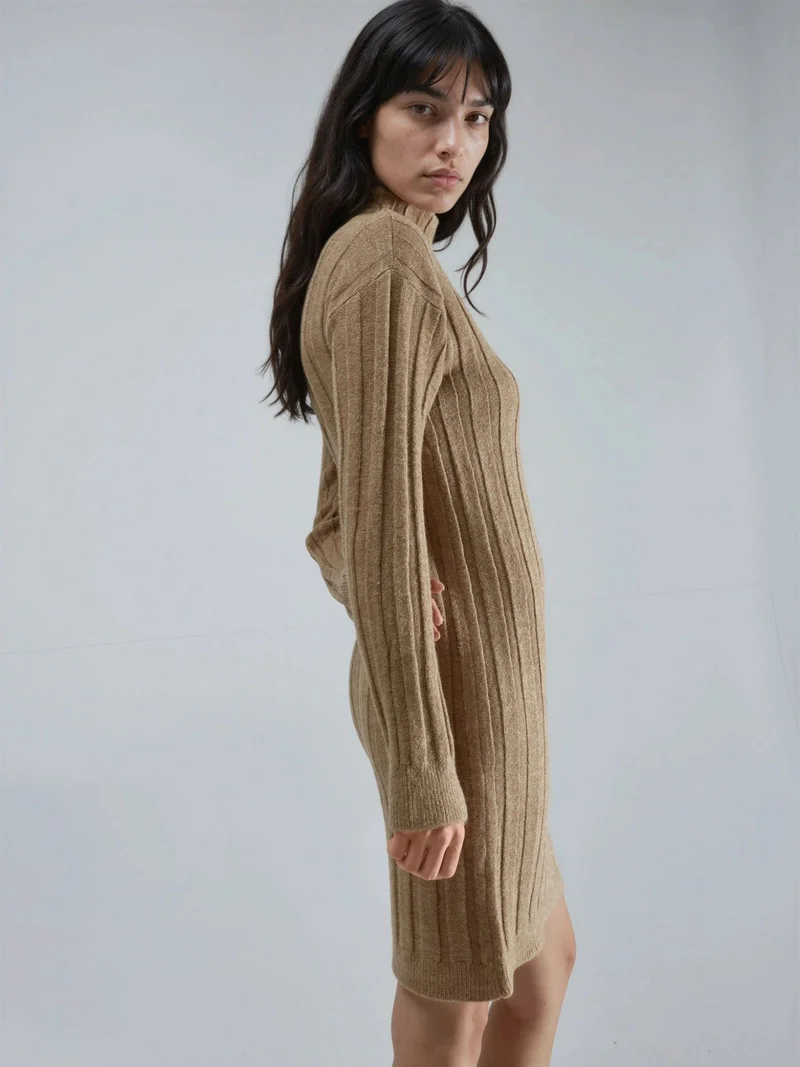MY FASHION Camel Brown MY FASHION Ribbed Turtleneck Mini Knit Dress for Women | Best Price UAE